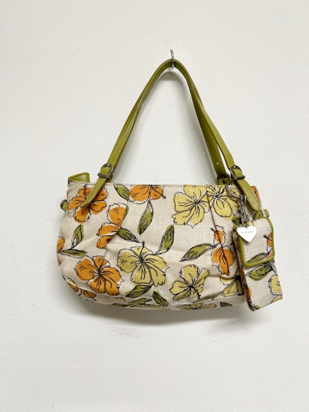 Nine West Womens 90s Y2K Vintage Olive Orange Hibiscus Floral Linen Mini Bag